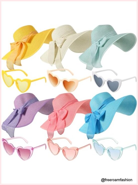 Set of 6 Floppy Sun Hats with 6 Heart Sunglasses, Wide Brim Straw with Bow, main image 6